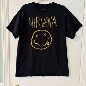 Nirvana Smells like teen spirit L mens graphic smiley face black yellow cotton